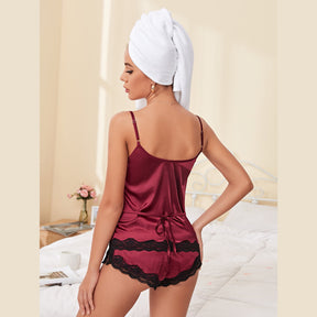 Satin Lace Panel Sexy Tie Back Strap Off-Shoulder Pajama
