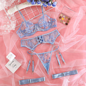 Sheer Mesh Floral Embroidery Lace Metal Chain Sexy Lingerie Set