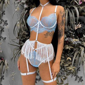 Allover Lace Sheer Embroidery Tassel Strappy Sexy Lingerie Set