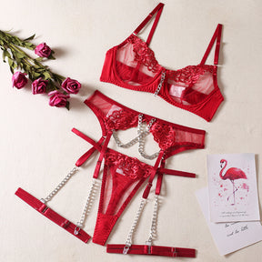 Sheer Mesh Embroidery Metal Chain Sexy Lingerie Set