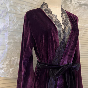 Velvet Lace Trim Long Sleeves Robe