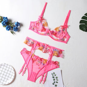 New Flower Embroidery Lingerie Three-Piece Set