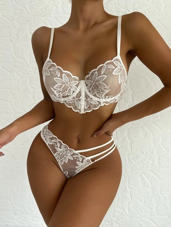 Sexy Embroidered Floral Mesh Lingerie Set