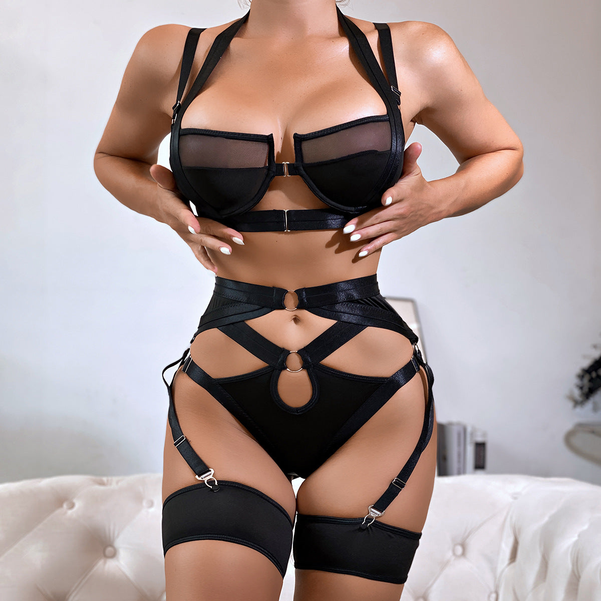 Hollow Out Strappy Bandage Sexy Lingerie Set