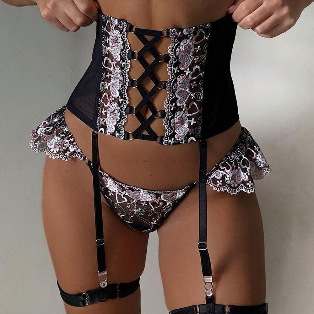 Heart Embroidered Sexy Strap Lingerie Set