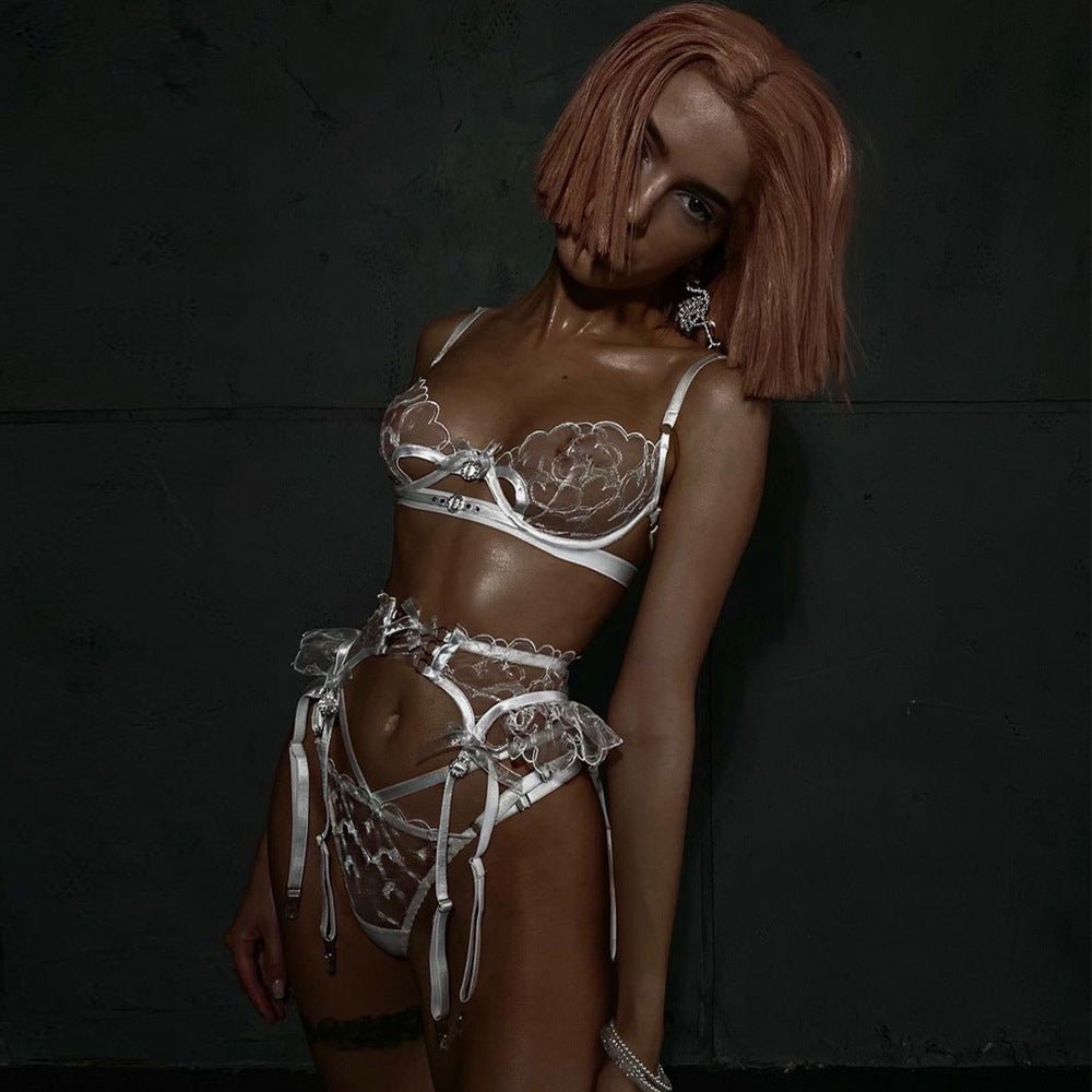 Perspective Mesh Embroider Lace Sexy Lingerie Set