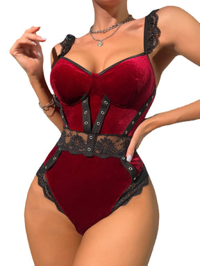 Red Velvet Lace Trim Sheer Lace Bandage Sexy Bodysuit