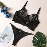 Sheer Mesh Floral Embroidery Lace Corset Sexy Lingerie Set