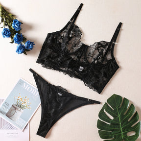 Sheer Mesh Floral Embroidery Lace Corset Sexy Lingerie Set