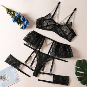 Allover Lace Perspective Embroidery Sexy Lingerie Set