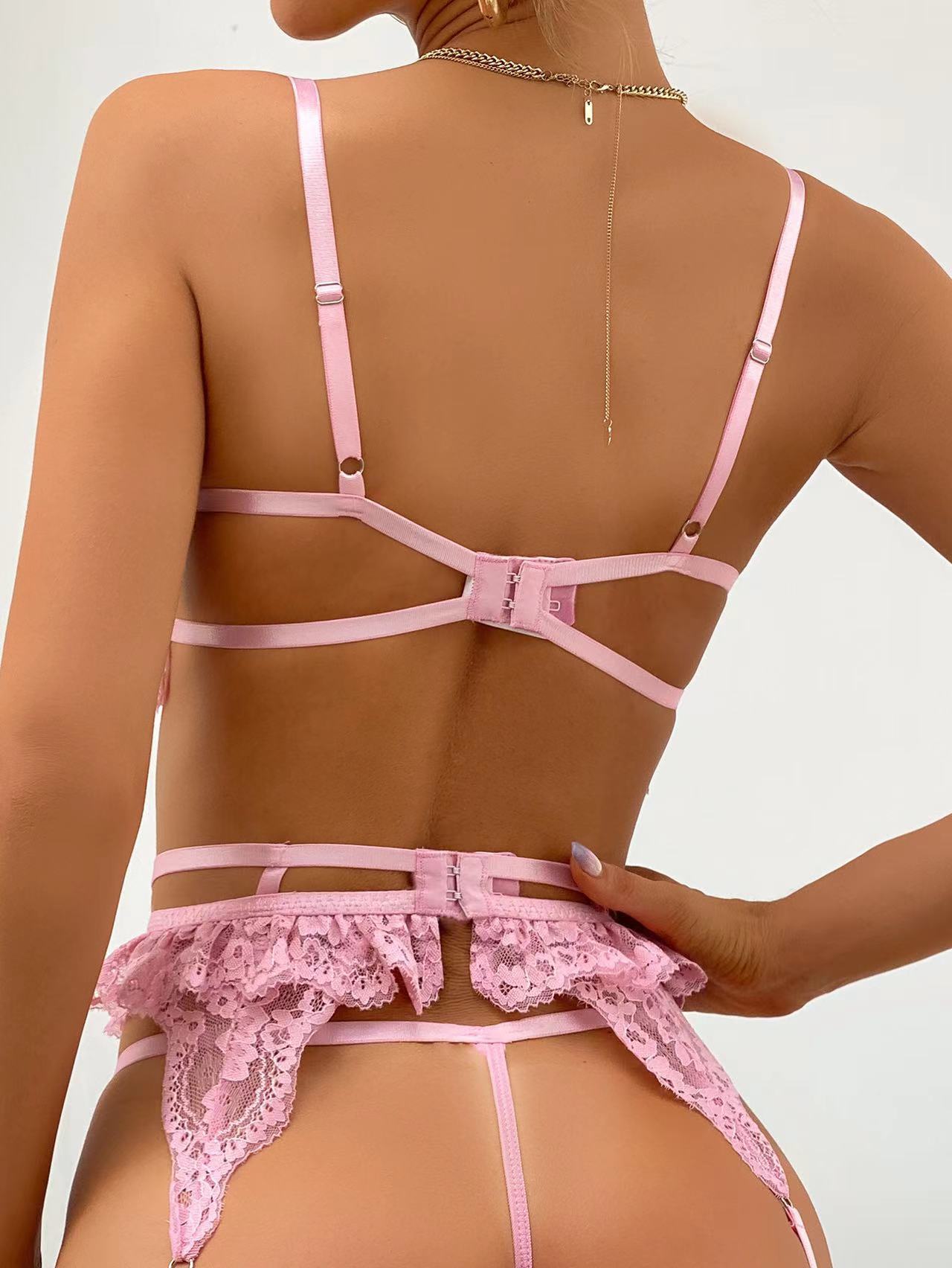 New Sexy Pink Lace Flower Perspective Lingerie Set