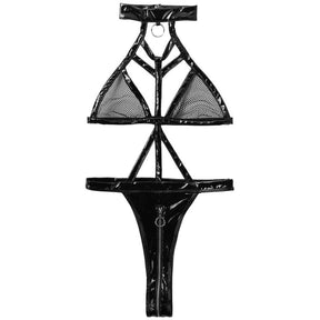 PU Leather Fishnet Zipper Strappy Bandage Halter Sexy Bodysuit