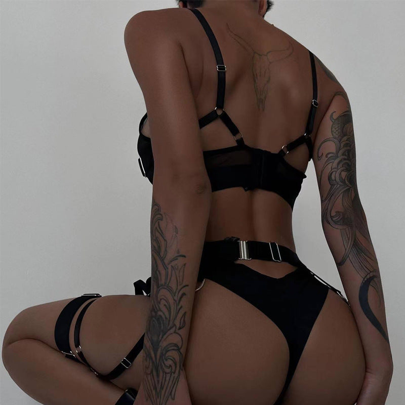 Sheer Mesh Stain Strappy Perspective Sexy Lingerie Set