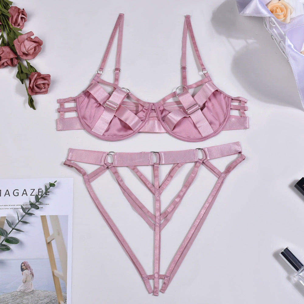 Sexy Hollow Pink Stitching Erotic Lingerie Set