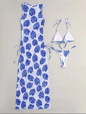 Sexy Bikini 3Pcs Resort Swimwear High Slit Dress Resort Swim