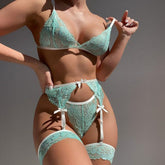 Allover Lace Perspective Bow Sexy Lingerie Set