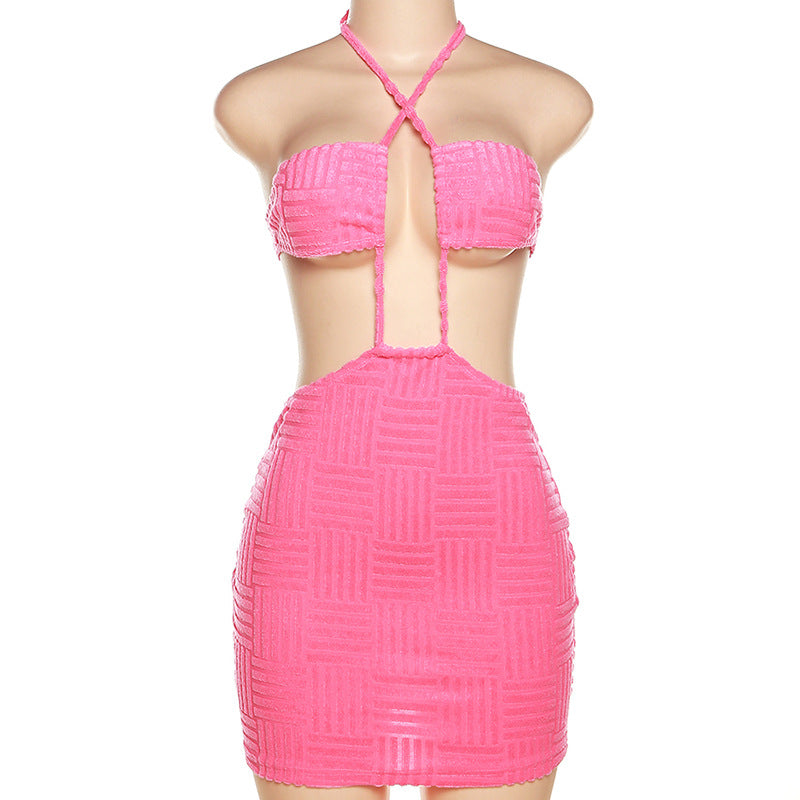 Barbie Pink Hollow Out Strappy Mini Dress Sexy Club Wear