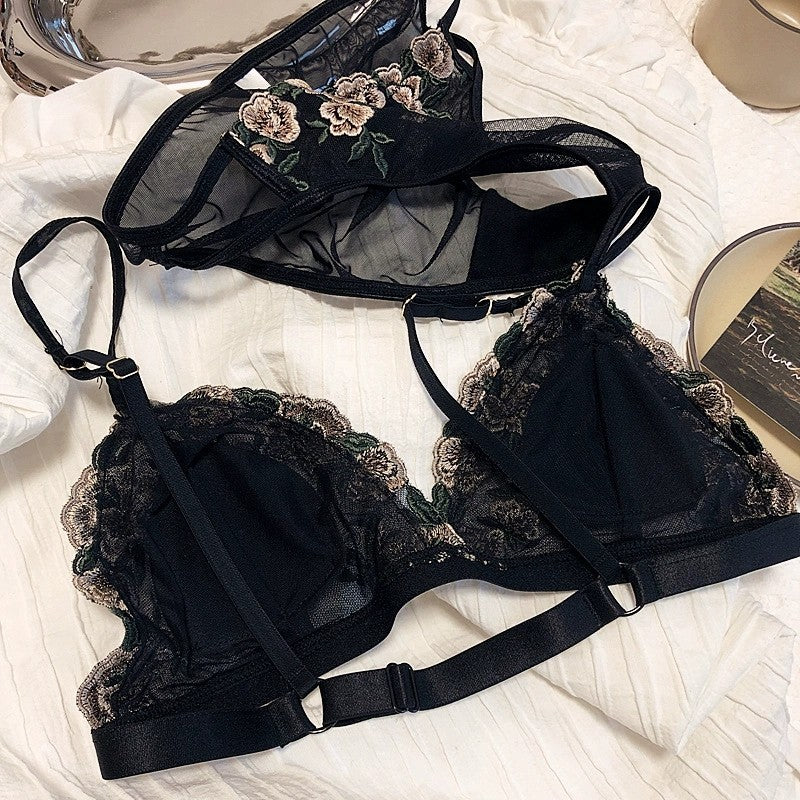 Embroidered Mesh Triangle Cup No Wire Sexy Lingerie Set
