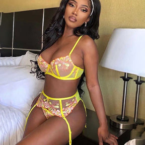 New Yellow Embroidered Flower Sexy Lingerie Three-Piece Set