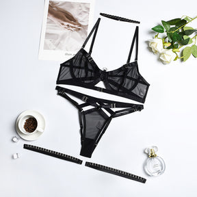 Sheer Mesh Strappy Hollow Sexy Lingerie Set