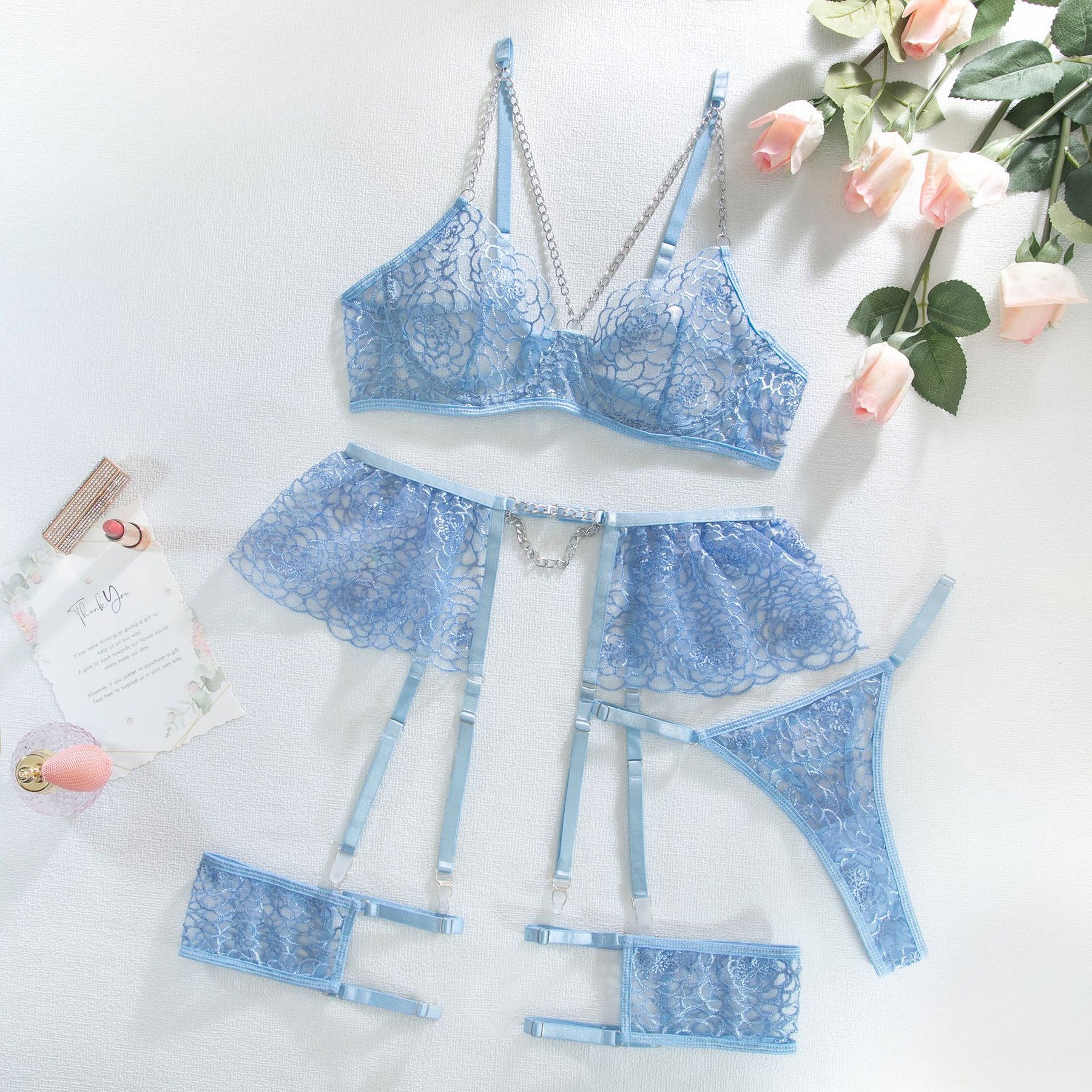 Allover Lace Perspective Embroidery Sexy Lingerie Set