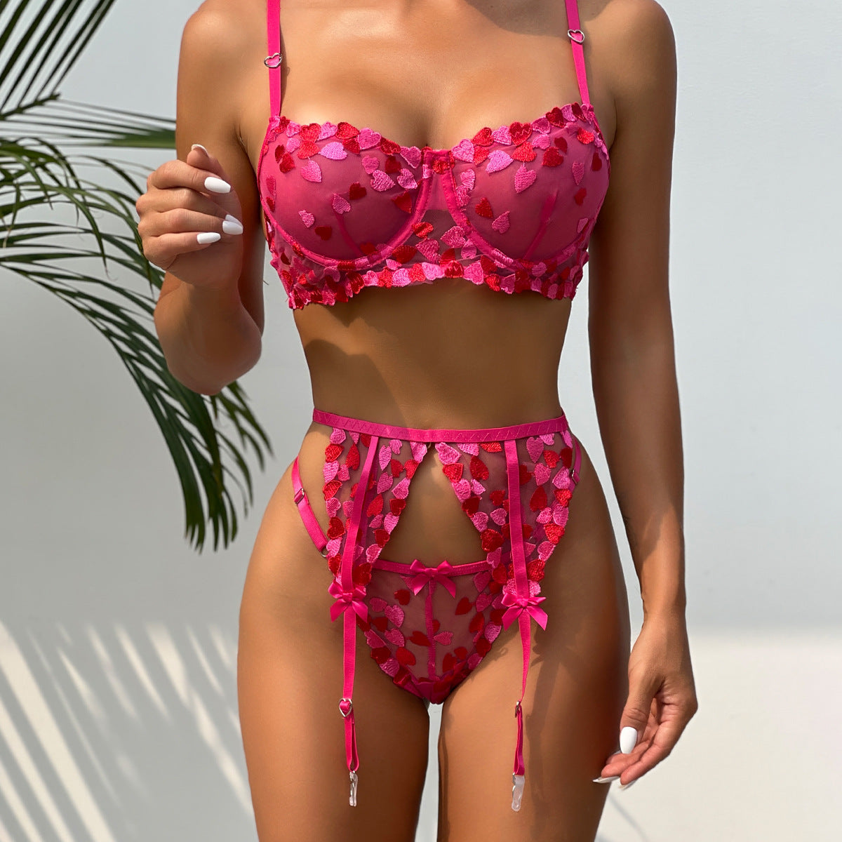 Hot Pink Heart Embroidery Sexy Simple Lingerie Set