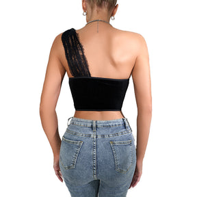 One-Shoulder Lace Suspender Velvet Corset Club Wear