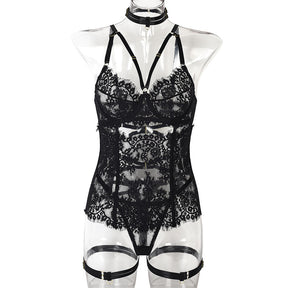 Embroidery Allover Lace Strappy Sexy Lingerie Set