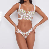 Sheer Mesh Colorful Floral Embroidery Sexy Lingerie Set