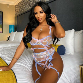 Pink Floral Embroidery Sheer Mesh Sexy Lingerie Set