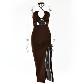 High Slit Shirred Halter Neck Hollow Dress Club Wear