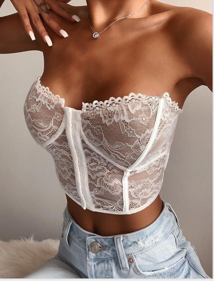 Allover Lace Embroidery Lace Trim Strapless Sexy Corset Club Wear