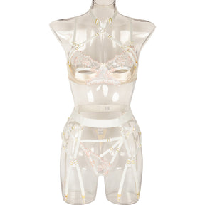 Halter Neck Sexy Hollow Satin Stitching Three-piece Lingerie Set