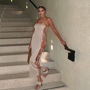 Side Cutout Tie Midi Sexy Slip Dress Club Wear