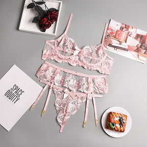 Spring Floral Embroidery Sheer Mesh Sexy Lingerie Set