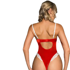 Christmas Lace Trim Red Velvet Sexy Bodysuit
