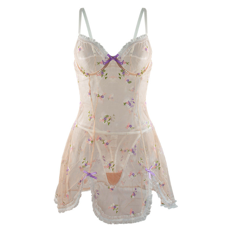 Perspective Mesh Floral Embroidery Chemise Set
