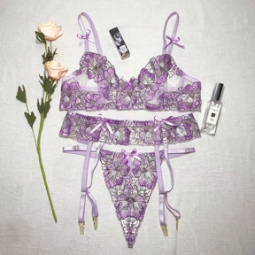 Sexy Lingerie Lavender Purple Flower Three-Piece Set