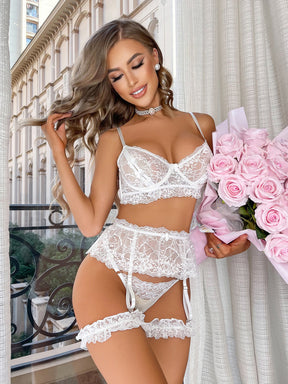 Sheer Mesh Embroidery Lace Sexy Lingerie Set