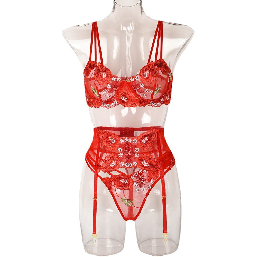 New Red Embroidered Sexy Lingerie Three-piece Set