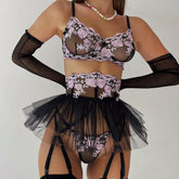 Mesh Contrast Color Embroidery Perspective Sexy Puff Skirt Lingerie Set