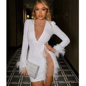 Deep V Mesh Stitching Feathers High Slit Sexy Mini Dress Club Wear