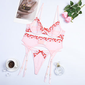 Sheer Mesh Heart Embroider Lace Sexy Lingerie Set