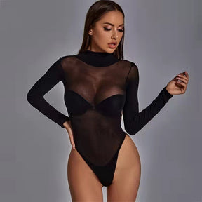 Perspective Mesh Turtleneck Long Sleeves Sexy Bodysuit