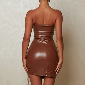 PU Leather Cross Straps Hollow Out Sexy Mini Dress Club Wear