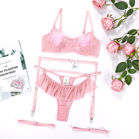 Sheer Mesh Pink Feather Sexy Lingerie Set