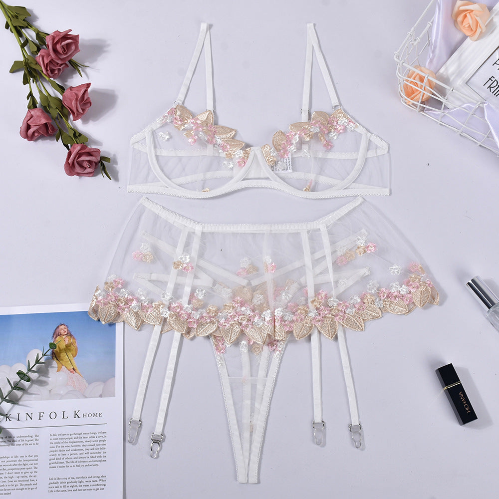 Perspective Sheer Mesh Floral Embroidery Sexy Lingerie Set