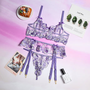 Spring Floral Embroidery Sheer Mesh Sexy Lingerie Set
