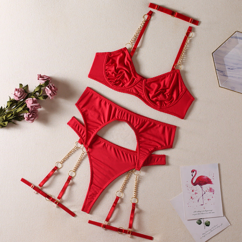 New Red Metal Chain Four-Piece Erotic Lingerie Set