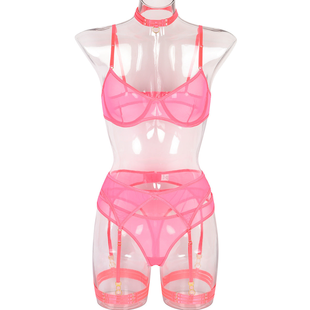 Hot Pink Mesh Stitching Sexy Lingerie Set Of Four